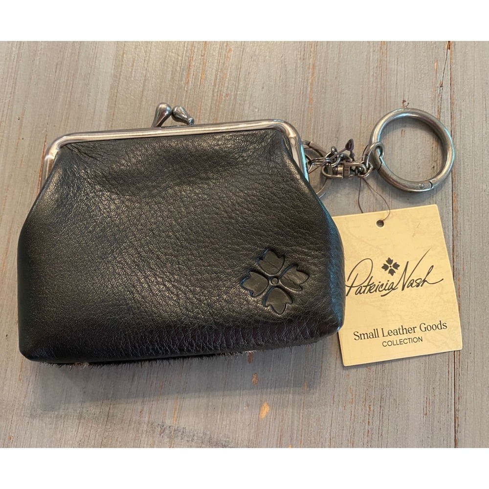 Patricia Nash Cow Print Calf Hair Leather Kiss Lock Coin Purse Keychain Black - Picture 3 of 11